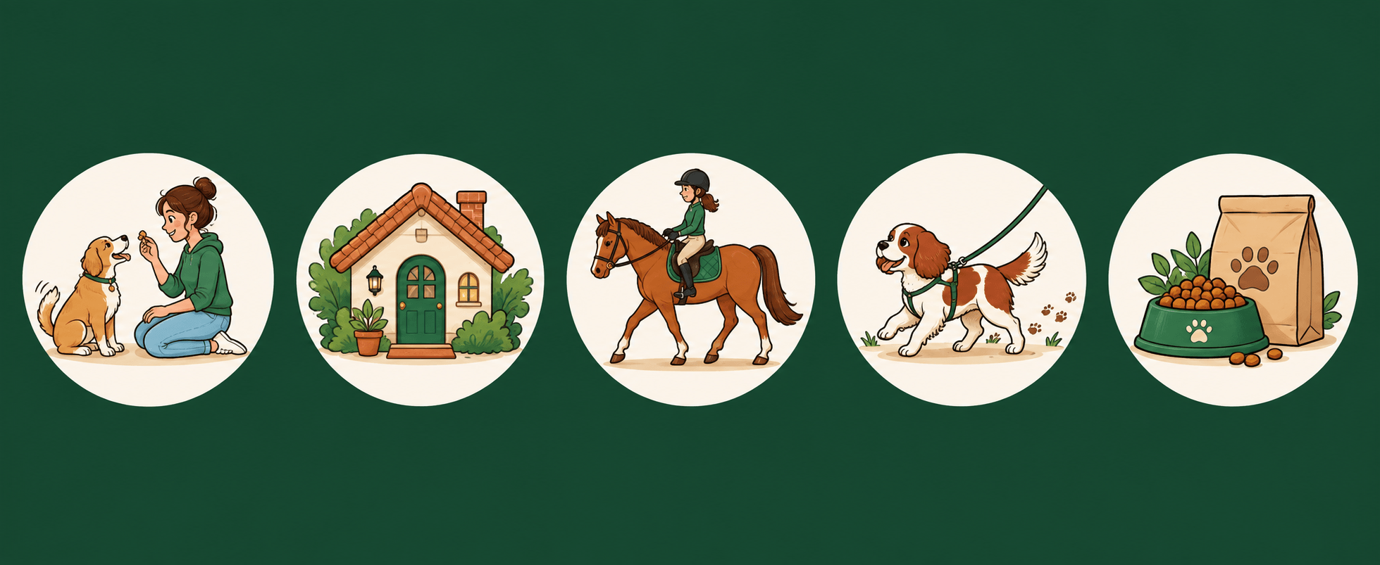 Illustrations of dog training, home visits, horse care, dog walks, and meals